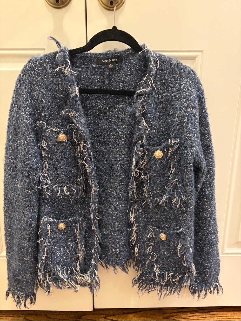 Striped Bouclé Fringe Pocket Cardigan in Dusty Blue